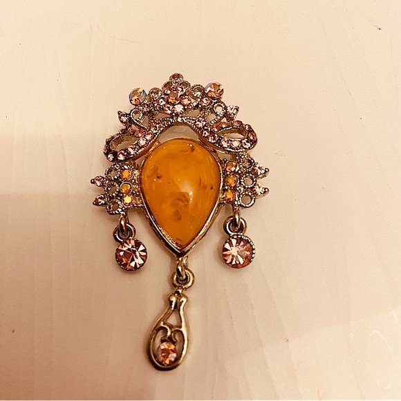 Mid Century Modern Jewelry - MCM Vintage Beautiful Woman Unique Goddess Amber, Pink and Silver Brooch.